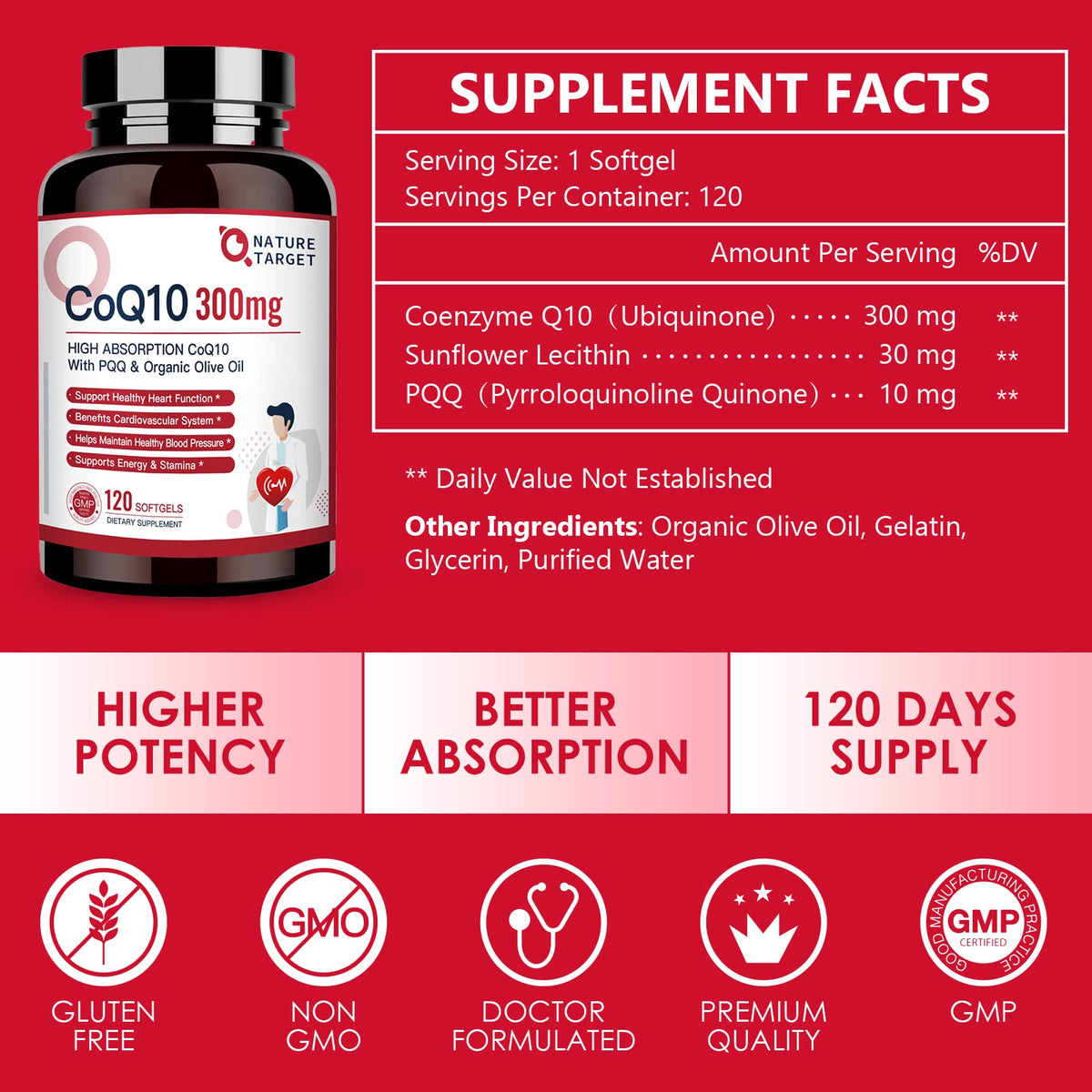 NATURE TARGET CoQ10 300mg Softgels with PQQ - 120 Softgels - image 2