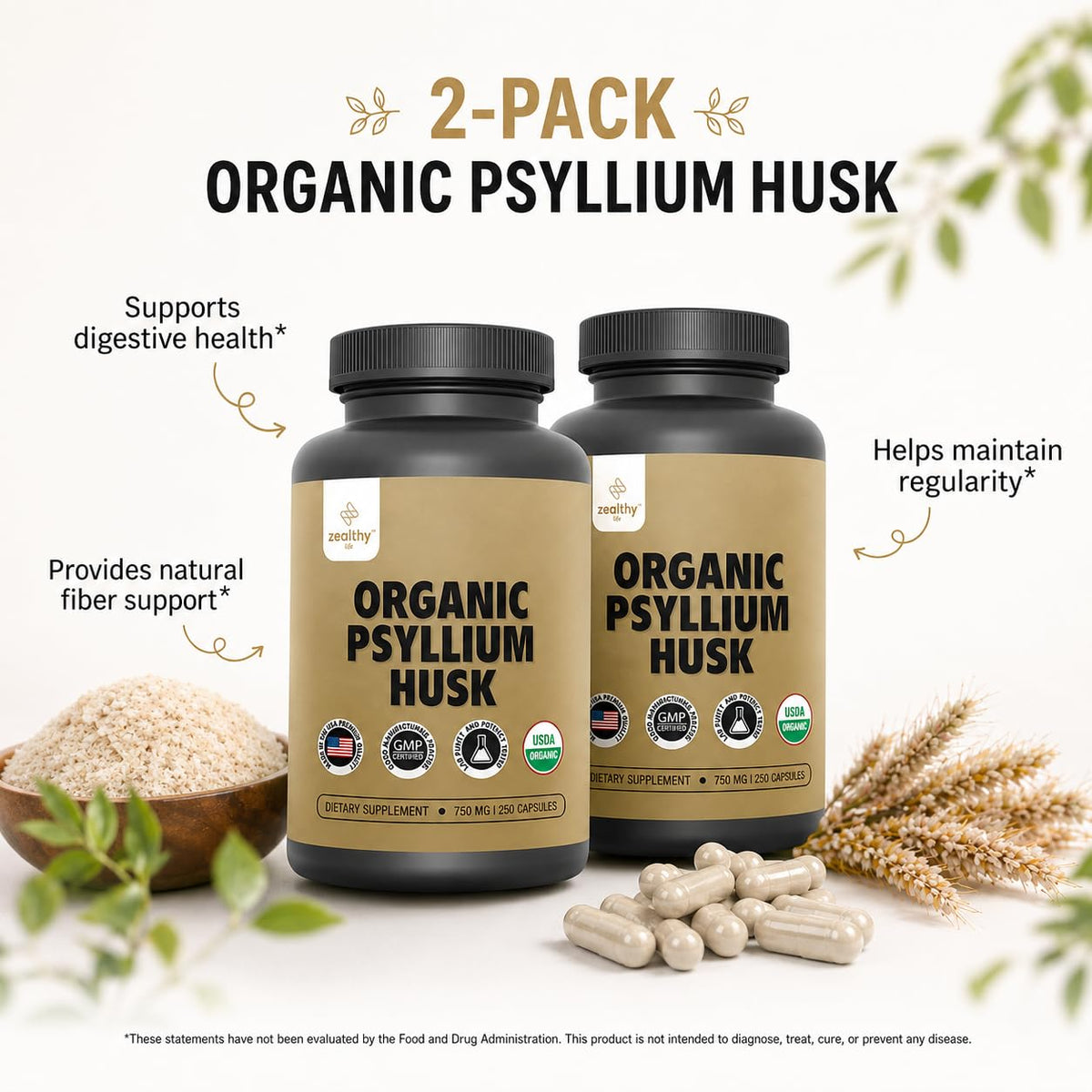 Z Zealthy Life Organic Psyllium Husk Capsules 750 mg - 250 Capsules - image 2