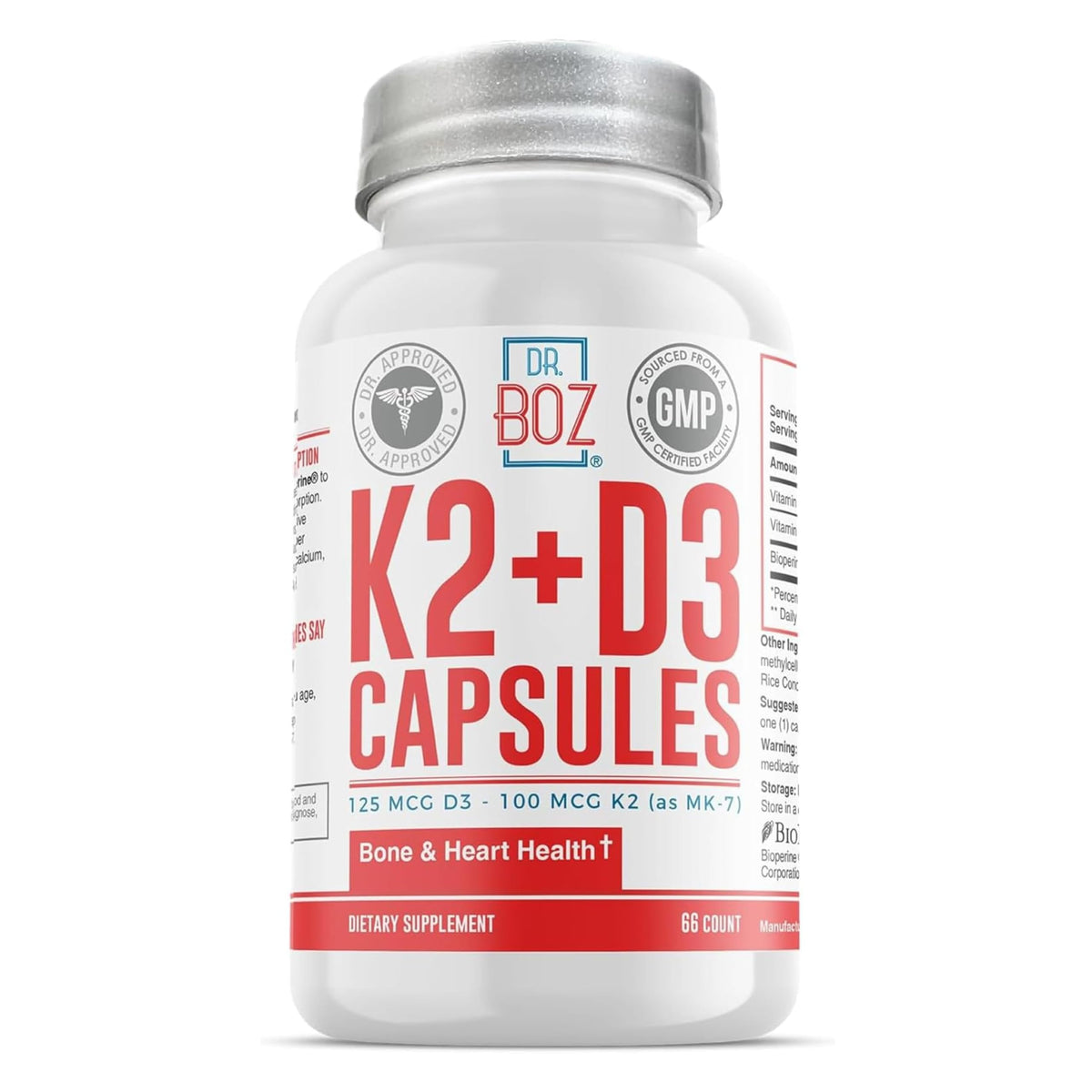 Dr. Boz Vitamin K2+D3 Capsules with BioPerine - 66 Count
