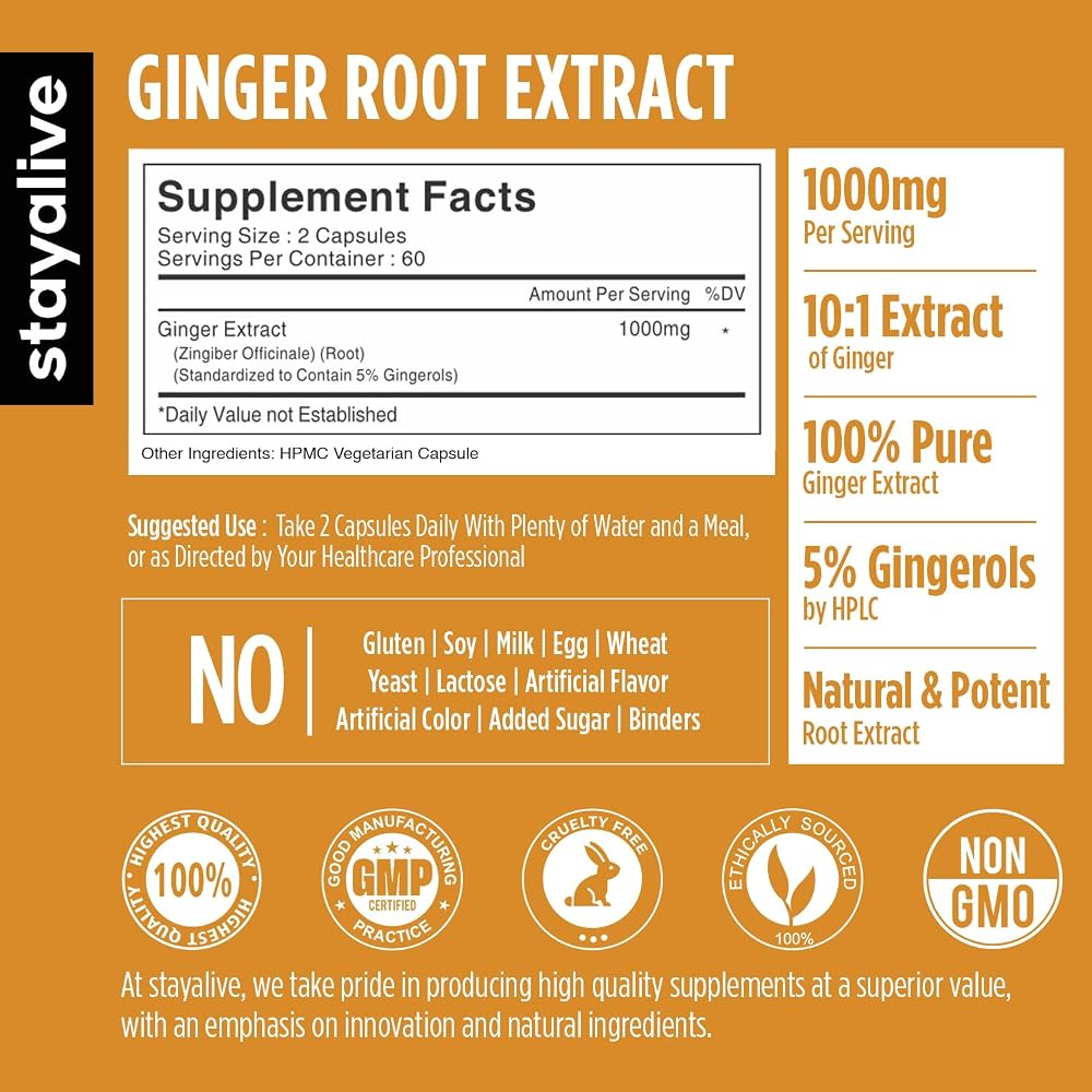 STAY ALIVE Pure Ginger Root Capsules 1000mg - 120 Capsules - image 2
