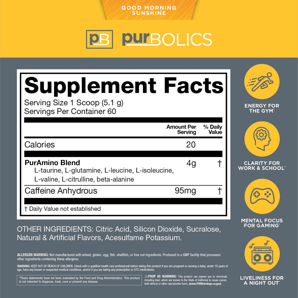 Purbolics Aminos + Energy Powder for Focus - 60 Servings - image 2