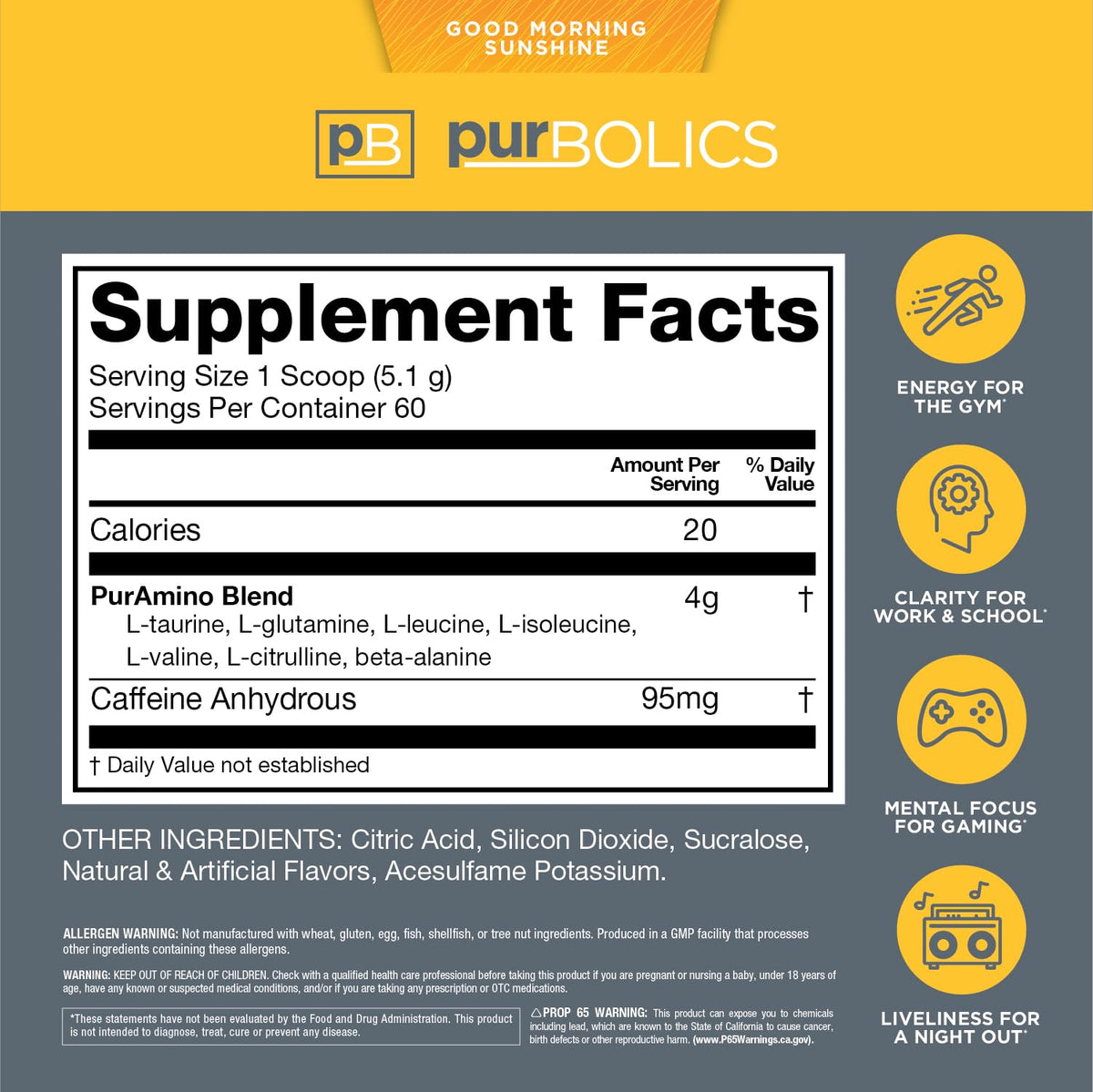 Purbolics Aminos + Energy Powder for Focus - 60 Servings - image 2