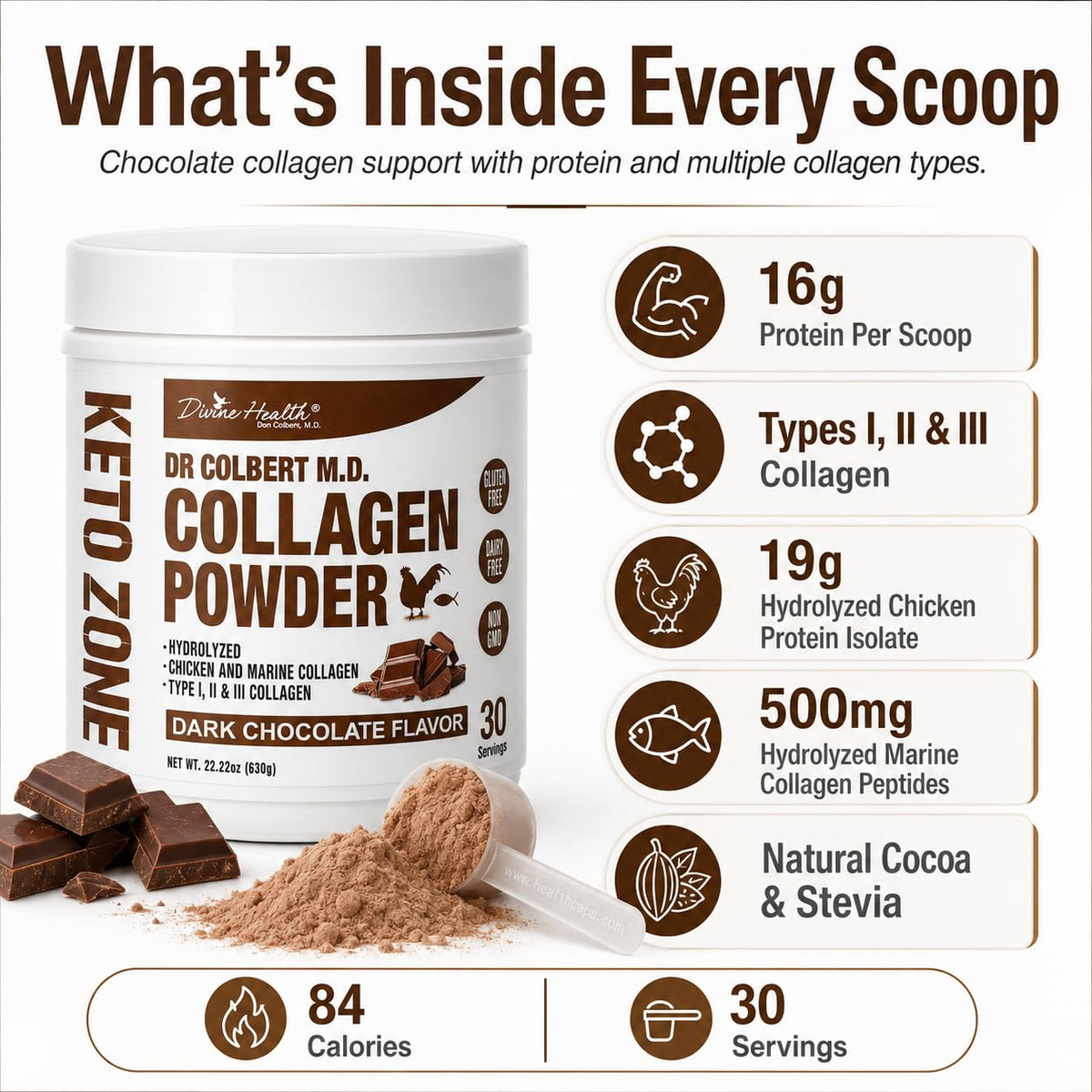 Divine Health Dr. Colbert Hydrolyzed Collagen Powder Chocolate - 630g - image 5