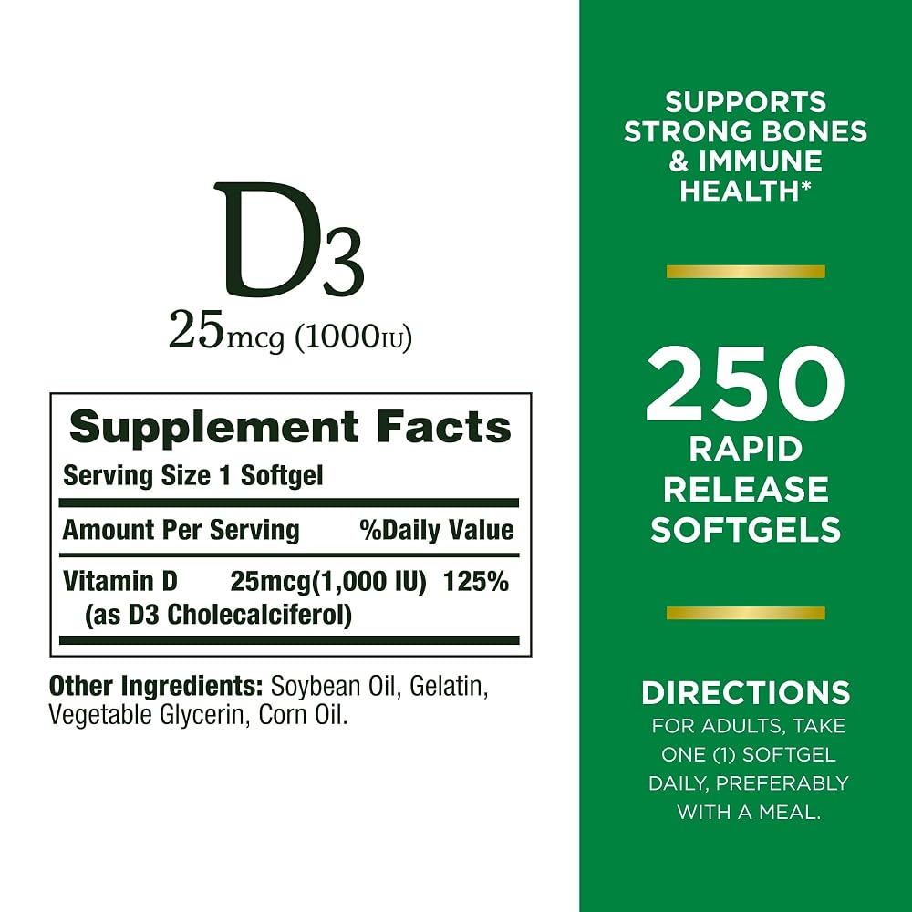 Nature's Bounty Vitamin D3 1000 IU Immune Support - 250 Softgels - image 2
