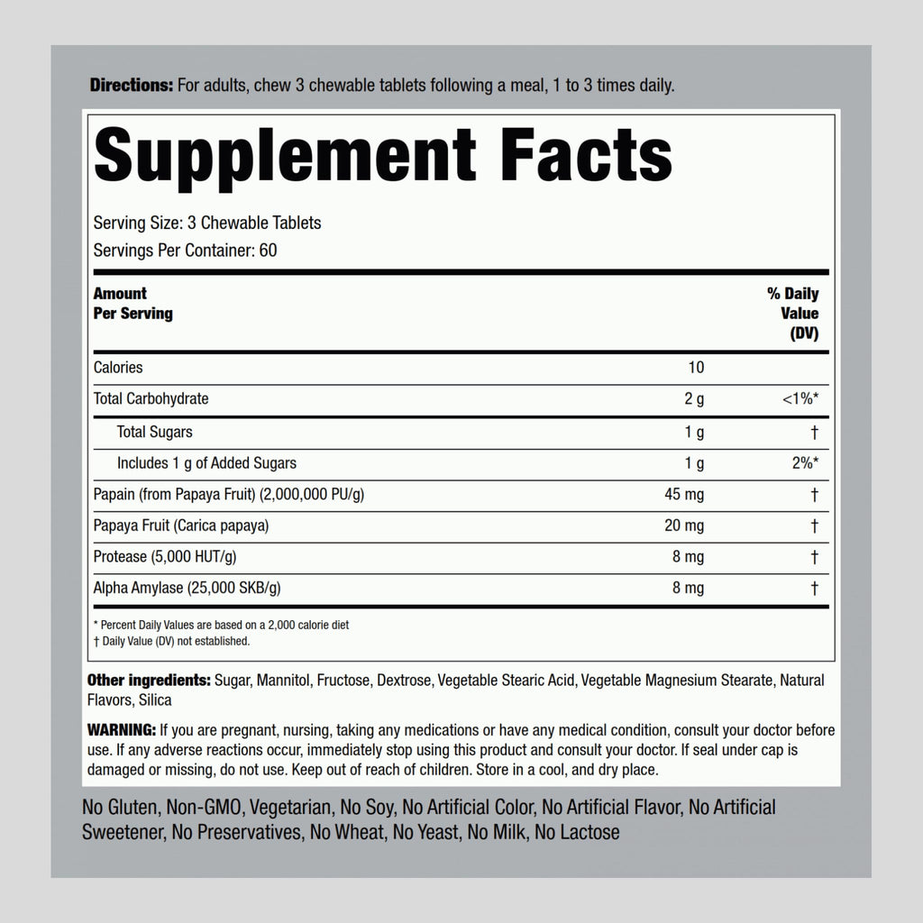 Piping Rock Papaya Digestive Enzymes Chewable - 180 Tablets - image 2