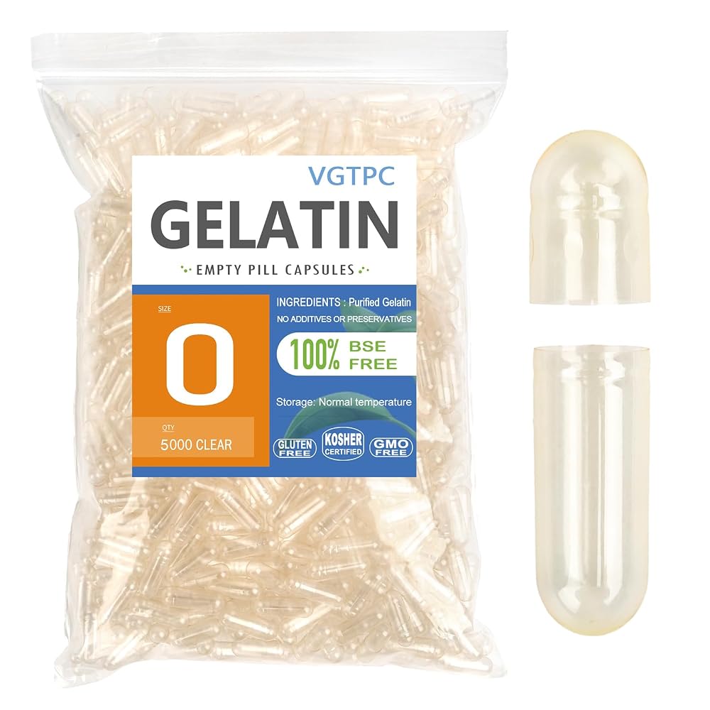 VGTPC Size 0 Pure Gelatin Empty Capsules - 5000 Count