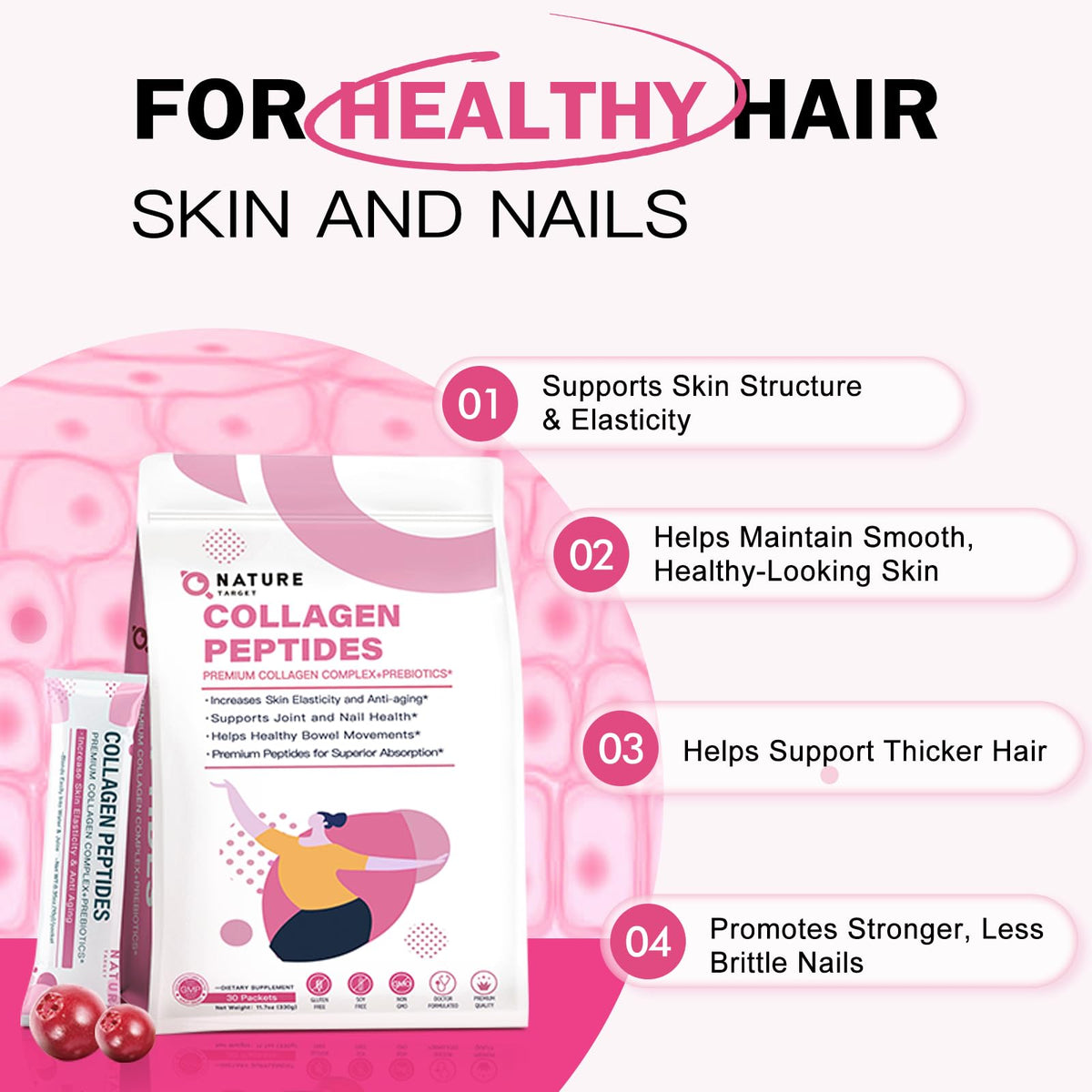 NATURE TARGET Multi Collagen Peptides Powder - 30 Stick Packs - image 3
