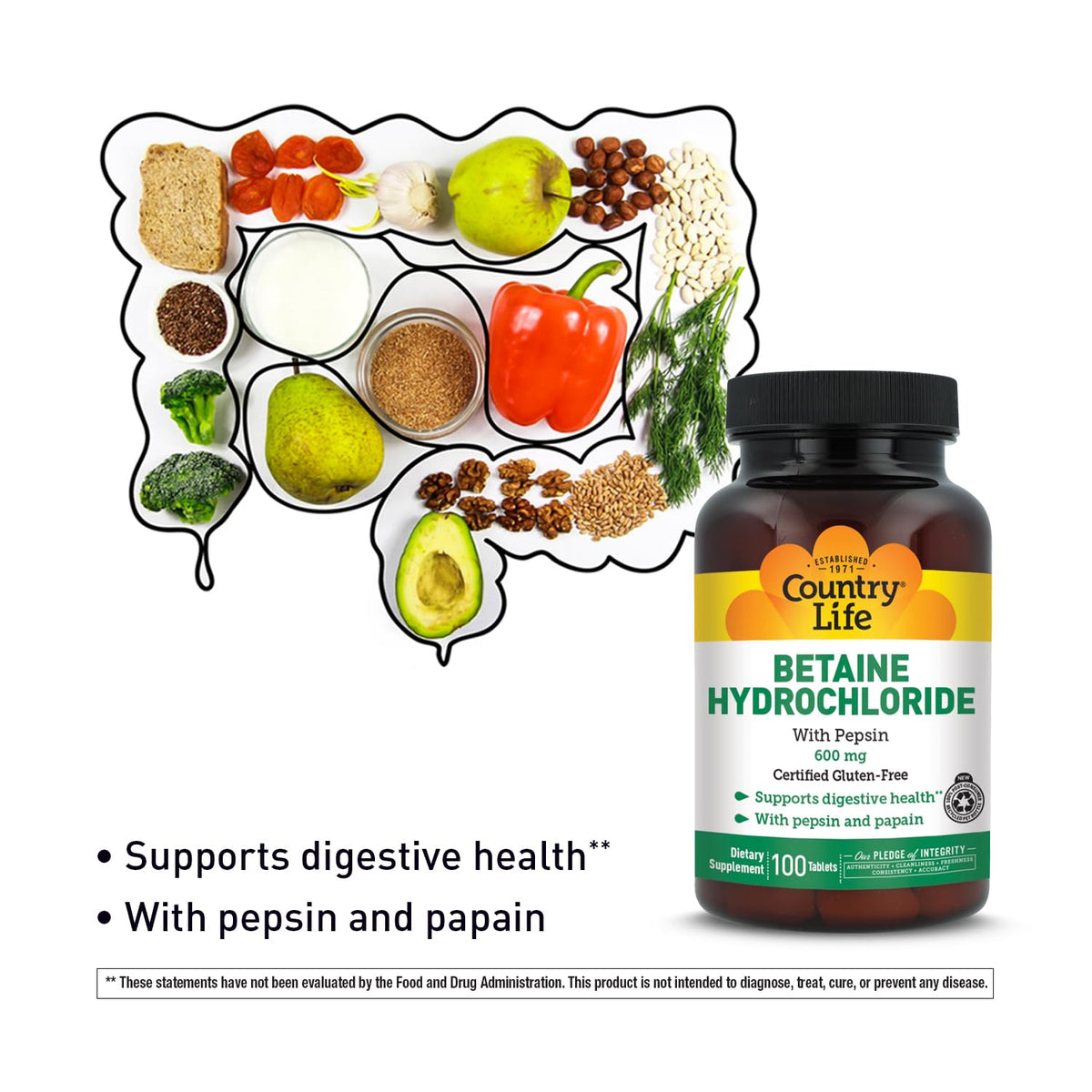 Country Life Betaine Hydrochloride with Pepsin 600mg - 100 Tablets - image 2