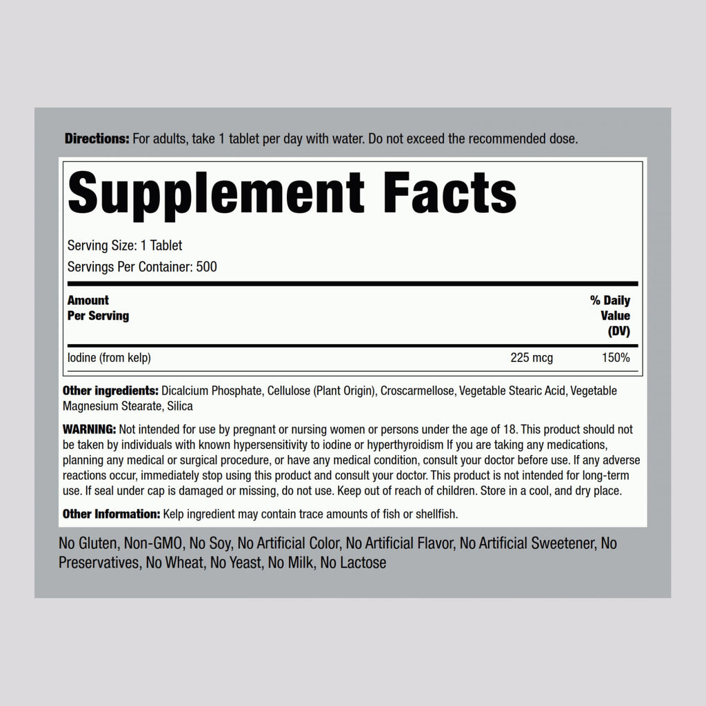 Piping Rock Sea Kelp Iodine Supplement 225 mcg - 500 Tablets - image 2