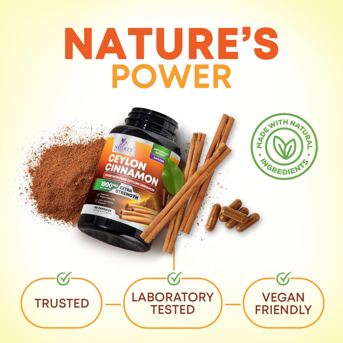 Nature's Nutrition Organic Ceylon Cinnamon Capsules 1800mg - Extra