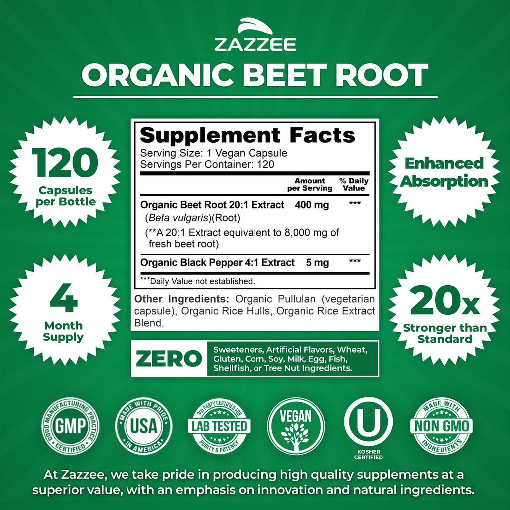 Zazzee USDA Organic Beet Root 20:1 Extract - 120 Capsules - image 3