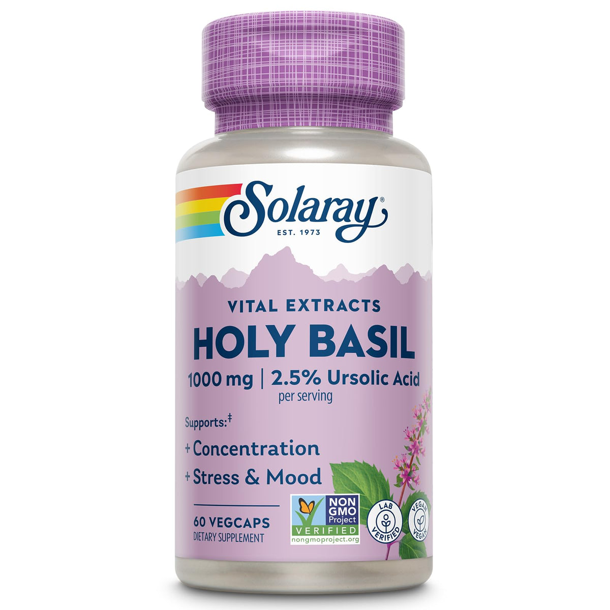 SOLARAY Holy Basil 1000 mg Adaptogen for Stress & Focus - 30 Servings