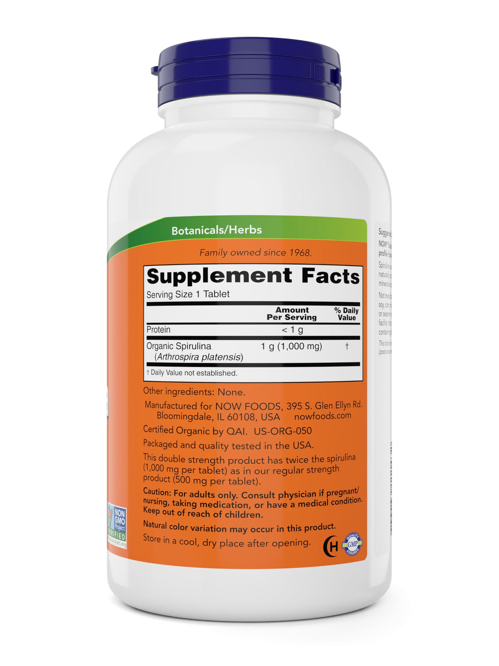 Now Supplements, Certified Organic, Spirulina 1000 mg (Double