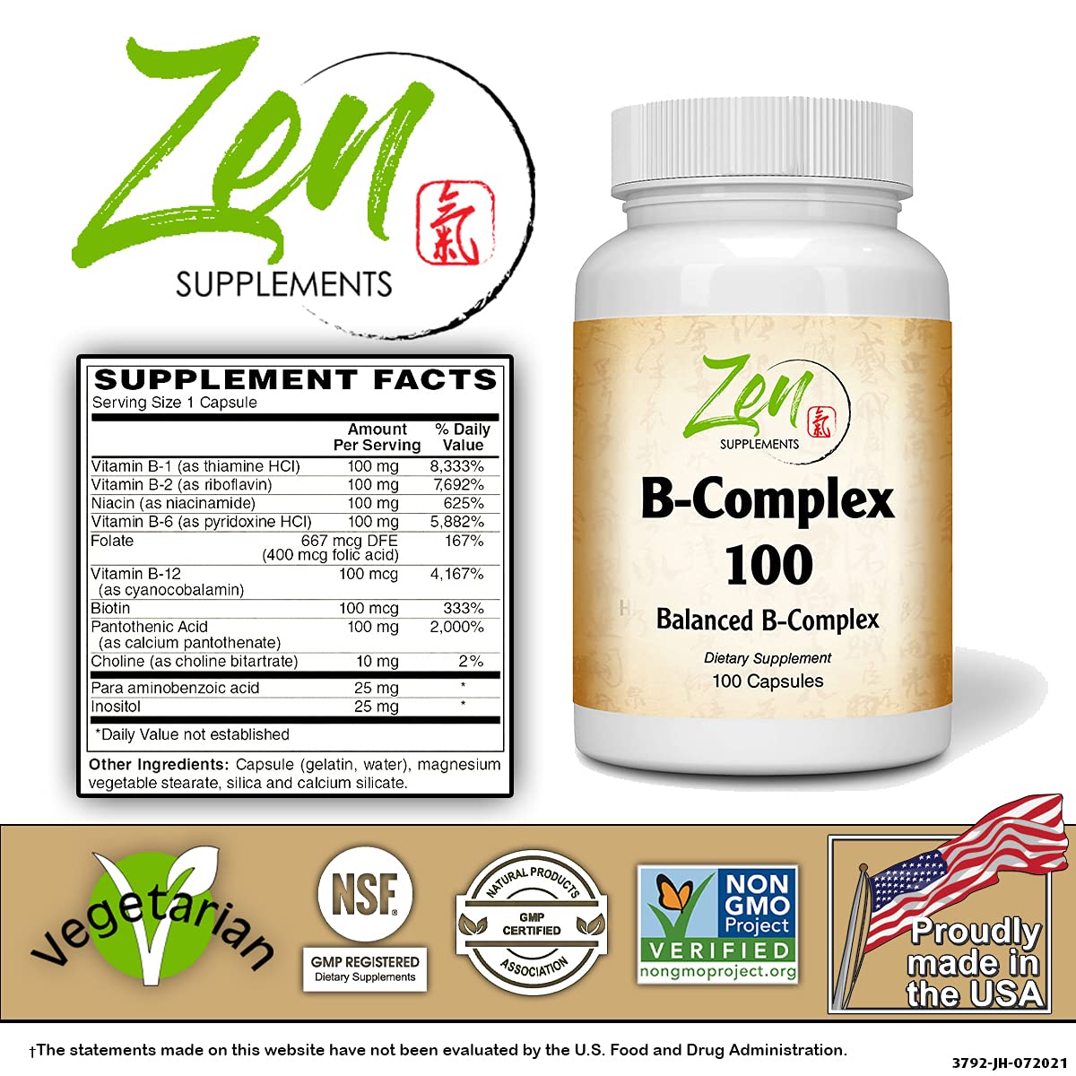 Zen Supplements B-Complex Vitamin - 100 Capsules - image 2
