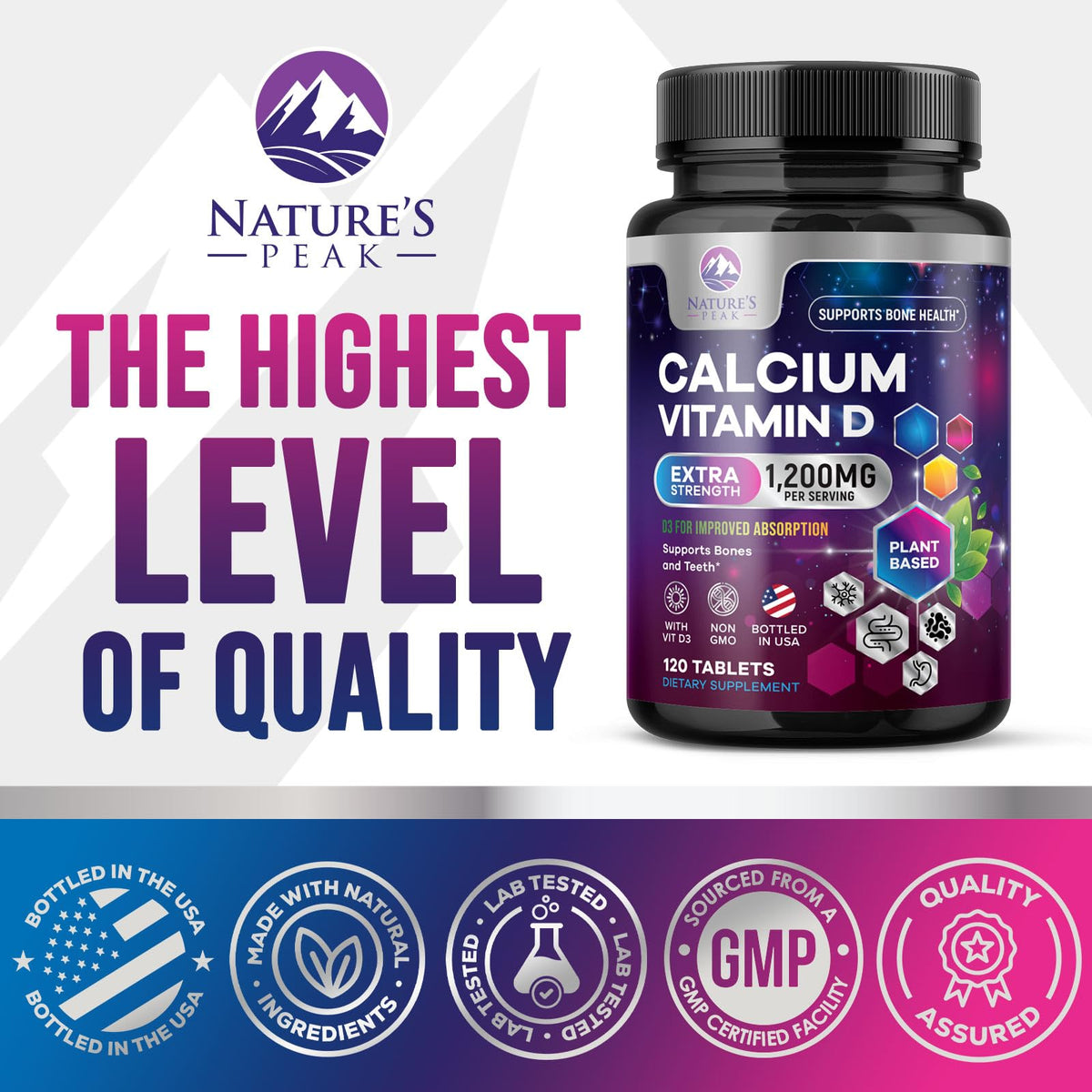 Nature's Peak Calcium 1200 mg with Vitamin D3 - Bone Health Supplement