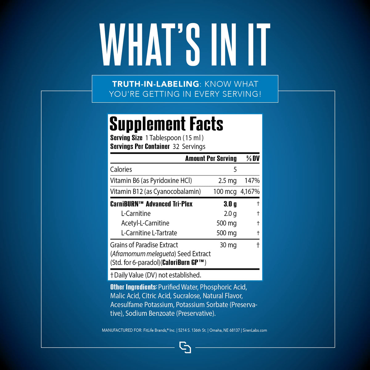 SIRENLABS L-Carnitine Elite Burn Lemon Lime - 32 Servings