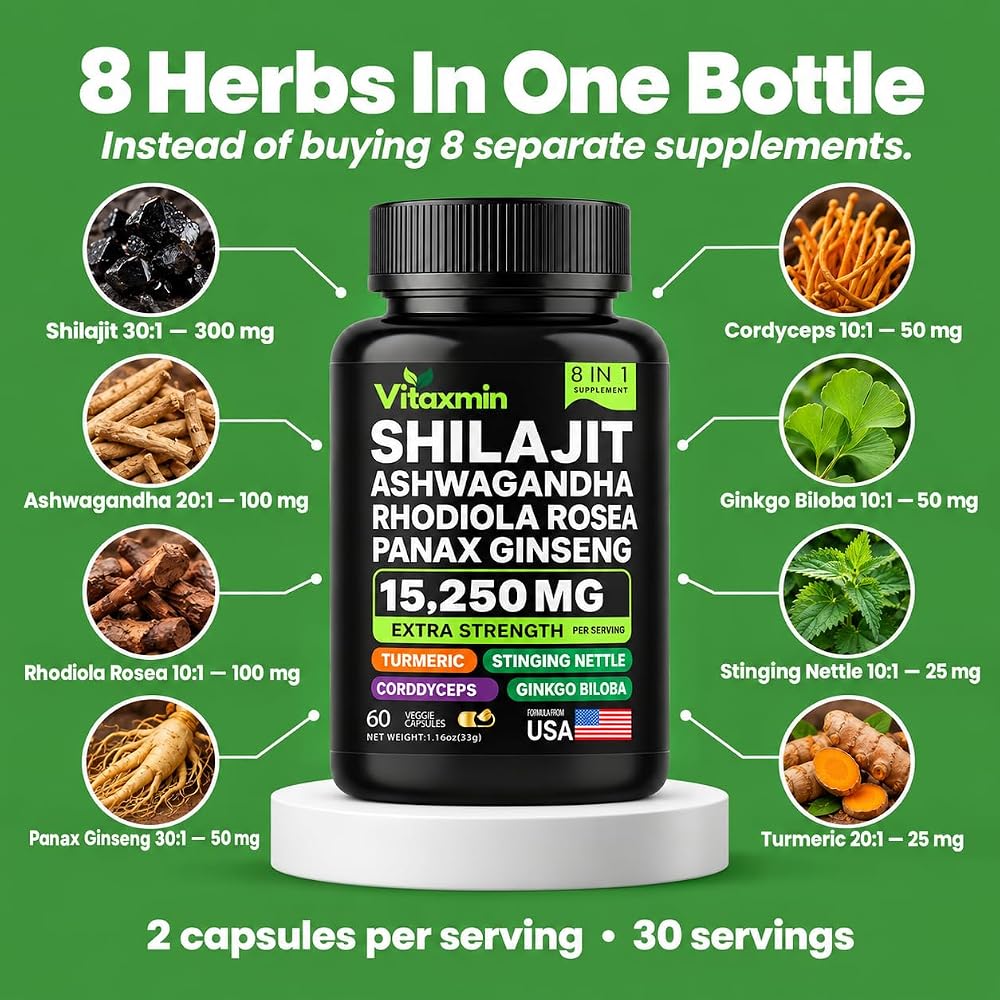 vitaxmin Shilajit Ashwagandha Capsules with Rhodiola & Ginseng - 60 Capsules - image 3
