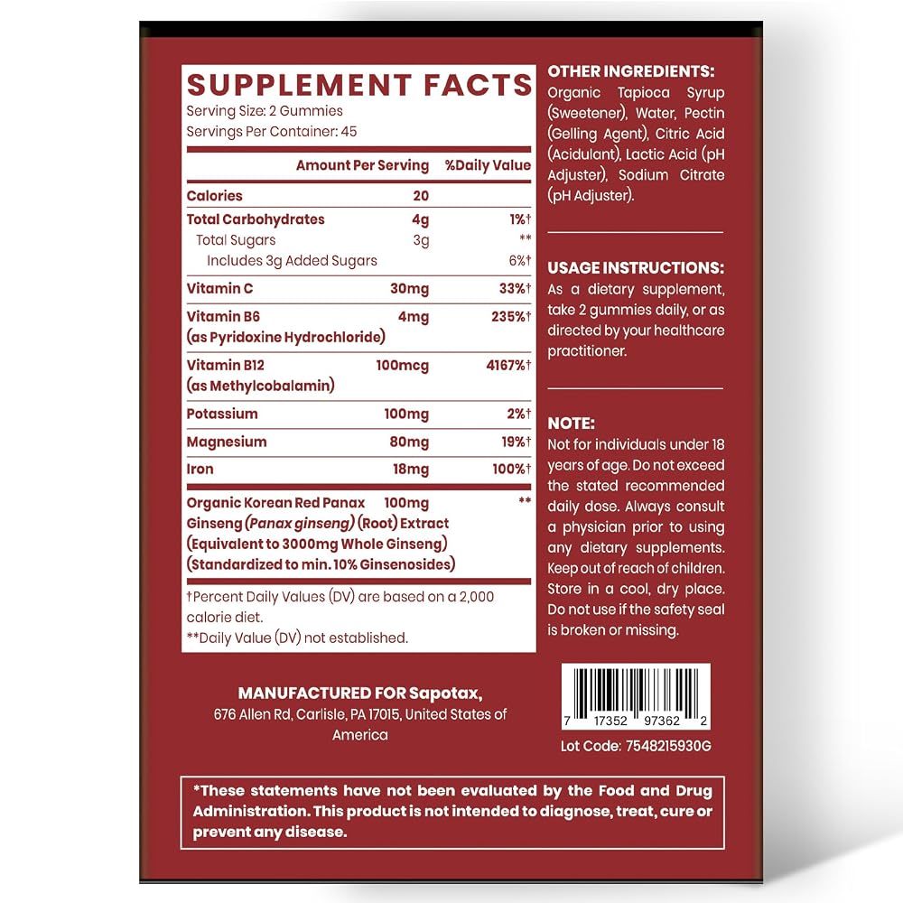 Sapotax Korean Red Panax Ginseng Supplement Gummies - Iron Supplements