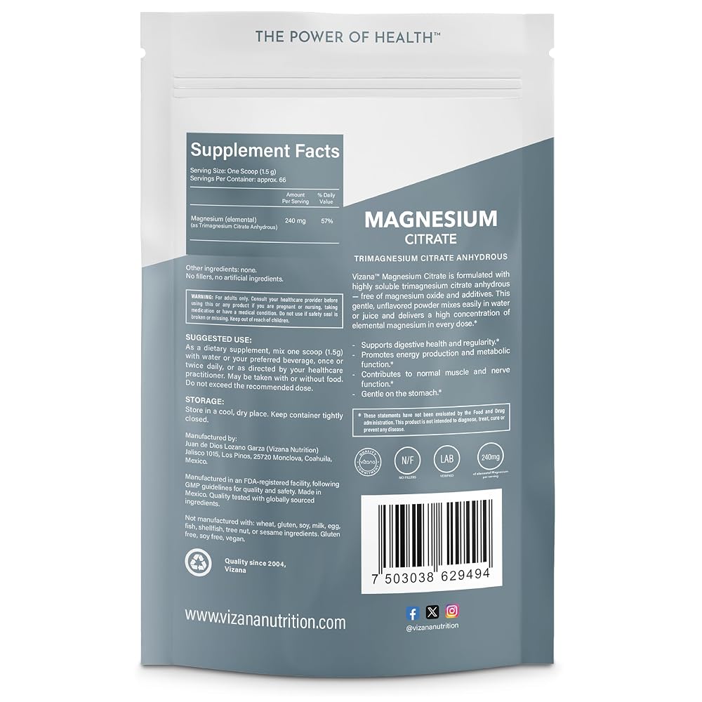 Vizana Nutrition Magnesium Citrate Powder 240mg - 66 Servings - image 2