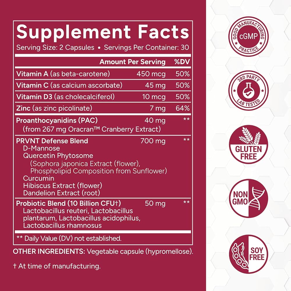 PRVNT Urinary Tract Defense with Cranberry & D-Mannose - 60 Capsules - image 6