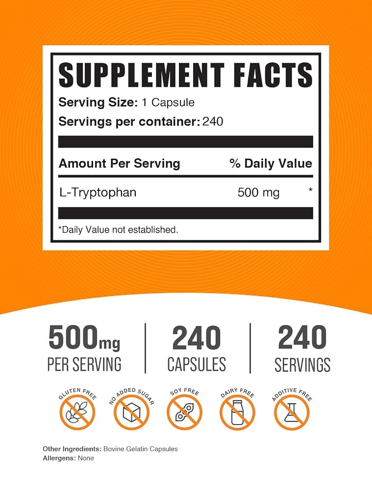 BulkSupplements L-Tryptophan 500mg Amino Acid - 240 Capsules - image 2