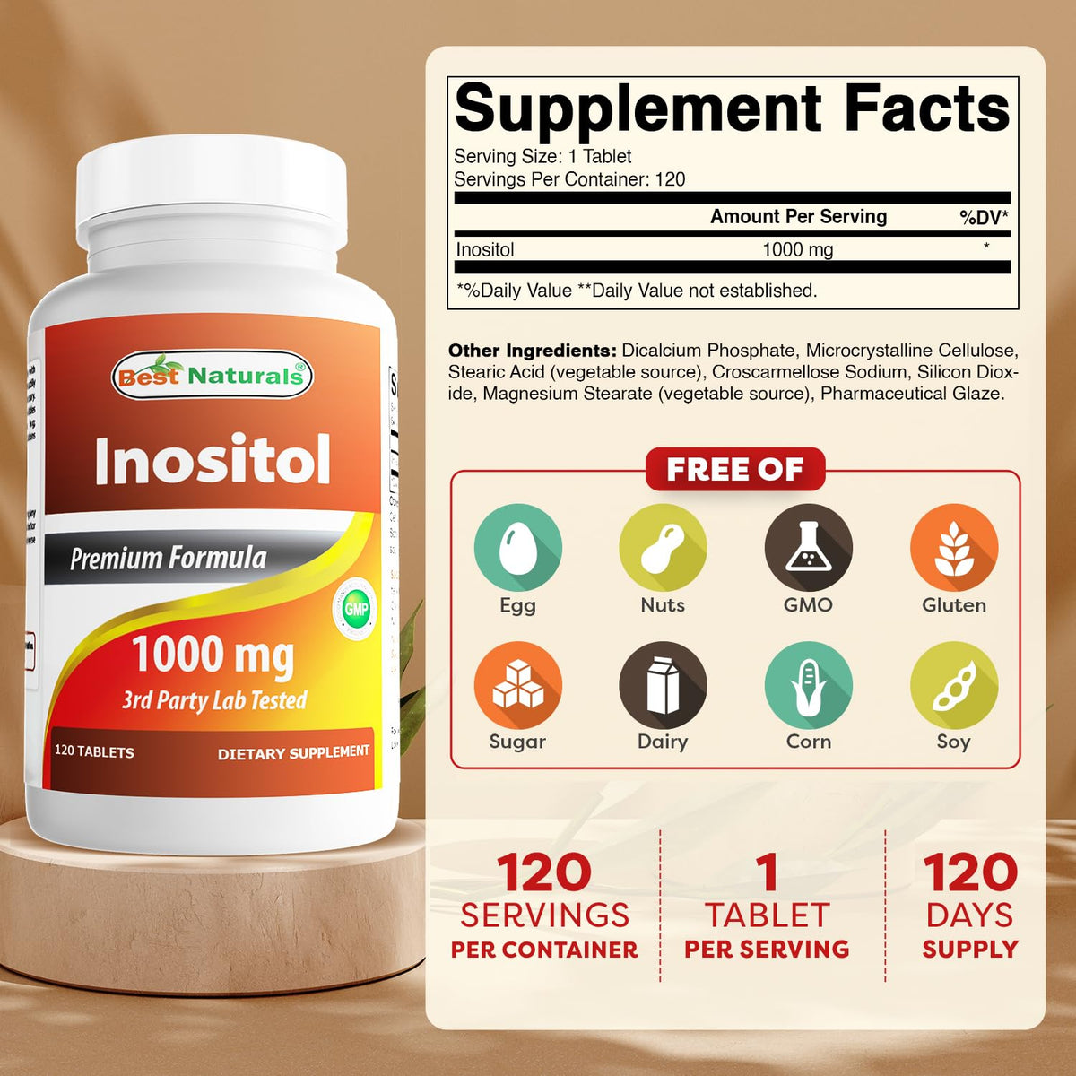 Best Naturals Inositol 1000 mg - 120 Tablets - image 2