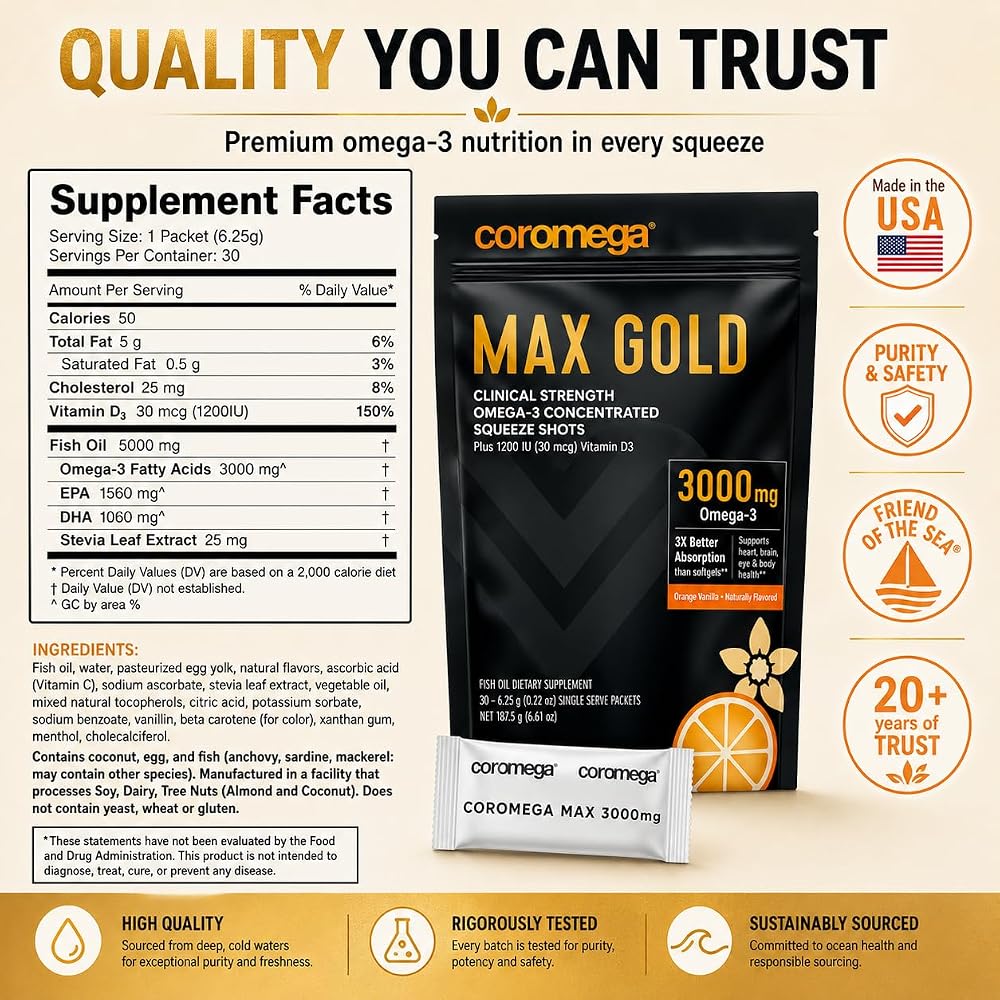Coromega MAX Gold Omega-3 Fish Oil + Vitamin D - 30 Packets - image 6