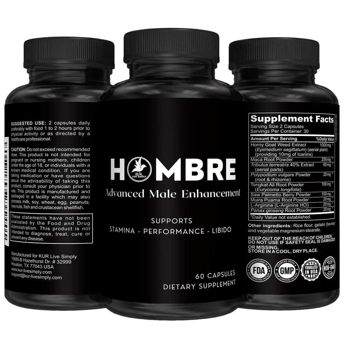 KUR Live Simply Hombre Male Enhancement Supplement - 60 Capsules