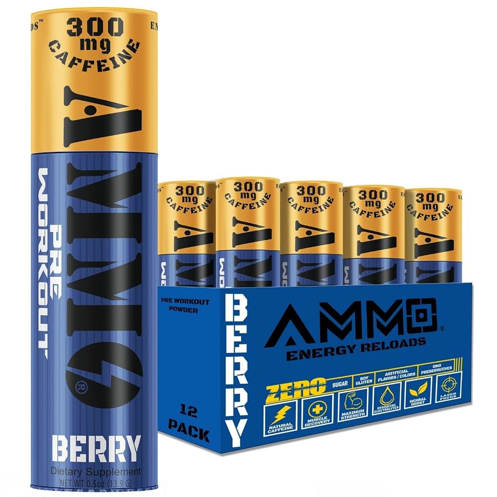 AMMO Pre Workout Berry Powder Extra Strength 300mg Caffeine - 12 Pack