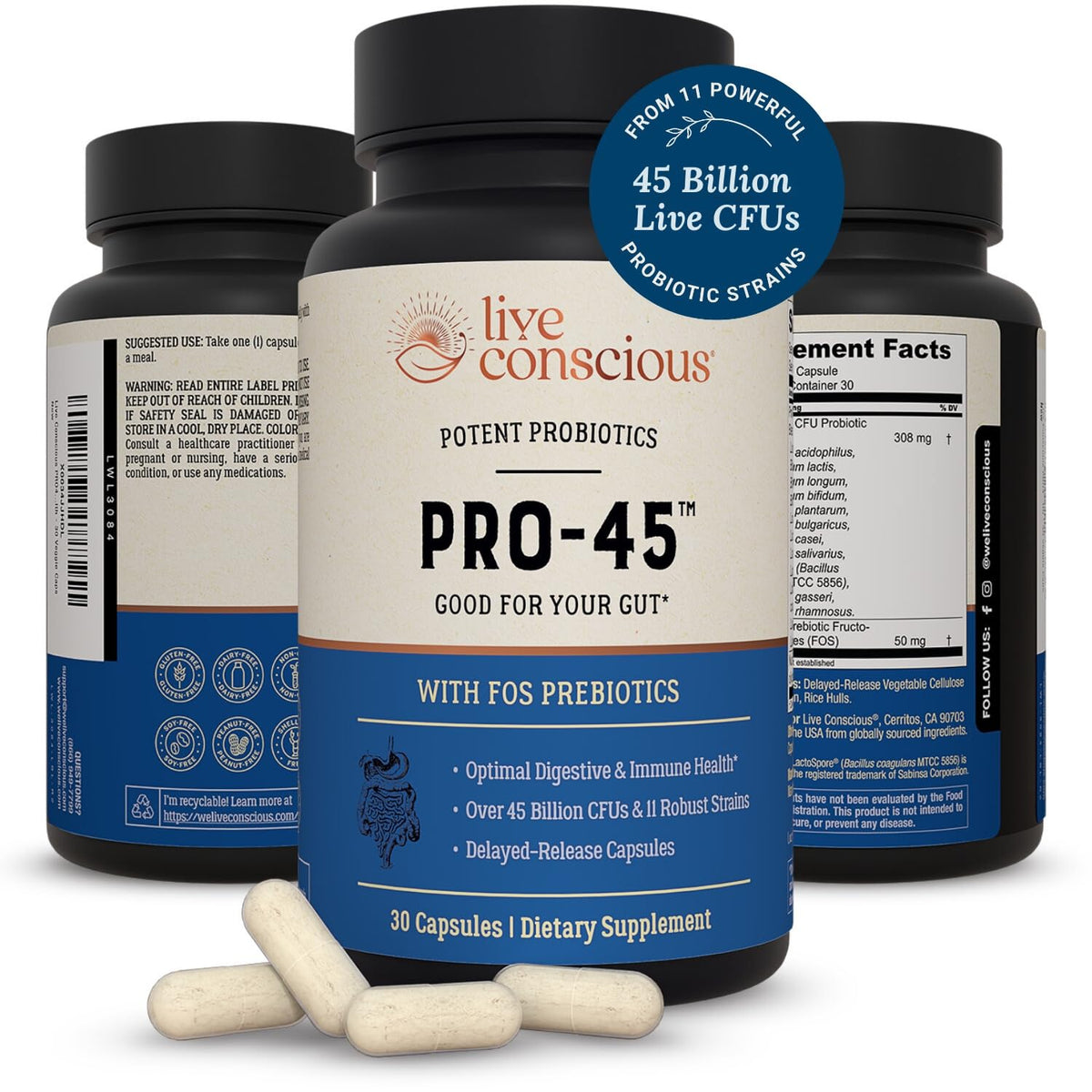 Live Conscious PRO45 Probiotics 45 Billion CFU - 30 Vegetarian Capsules