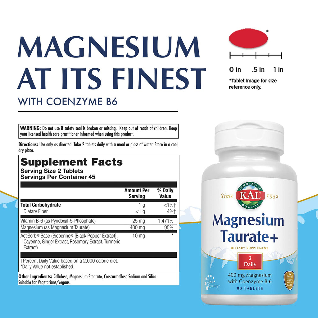 KAL Magnesium Taurate Plus 400mg with B6 - 180 Tablets - image 2