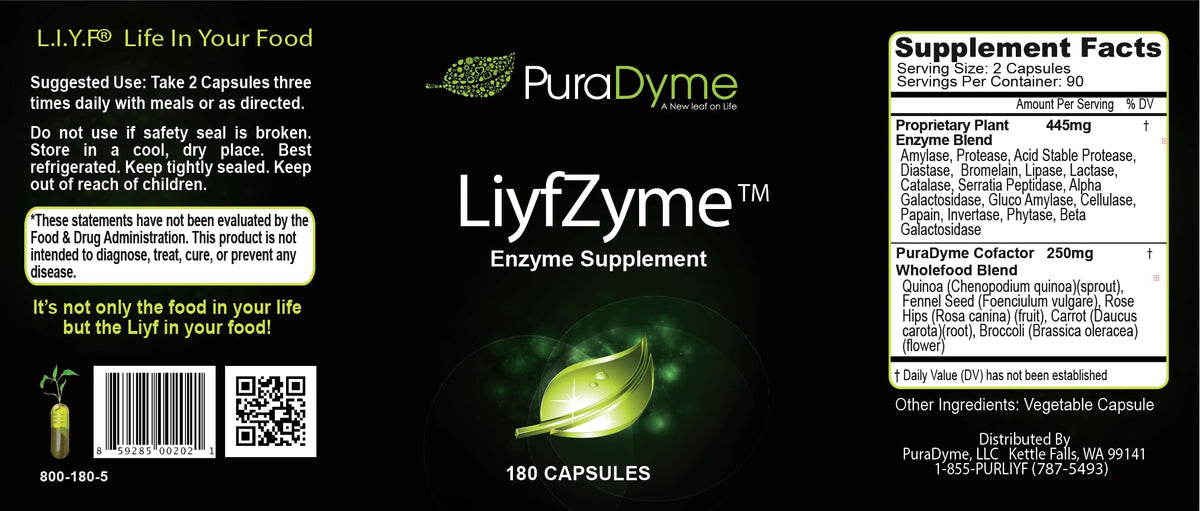 PuraDyme LiyfZyme Plant-Based Digestive Enzyme - 180 Vegetarian Capsules - image 2
