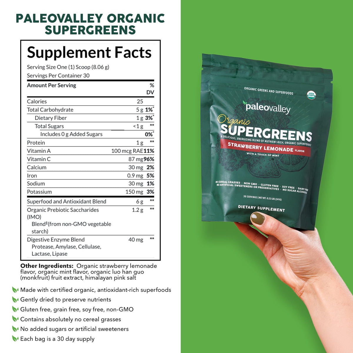 Paleovalley Organic Supergreens Powder with 23 Superfoods - 8.48 oz - image 2