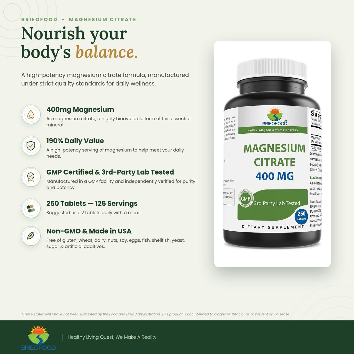 Brieofood Magnesium Citrate 400 mg - 250 Tablets - image 2