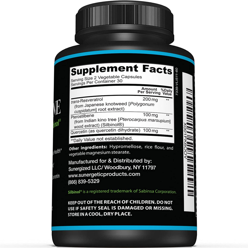 Sunergetic Pterostilbene with Resveratrol & Quercetin - 60 Capsules - image 2