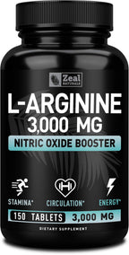 Zeal Naturals L-Arginine 3000mg Supplement - 150 Tablets