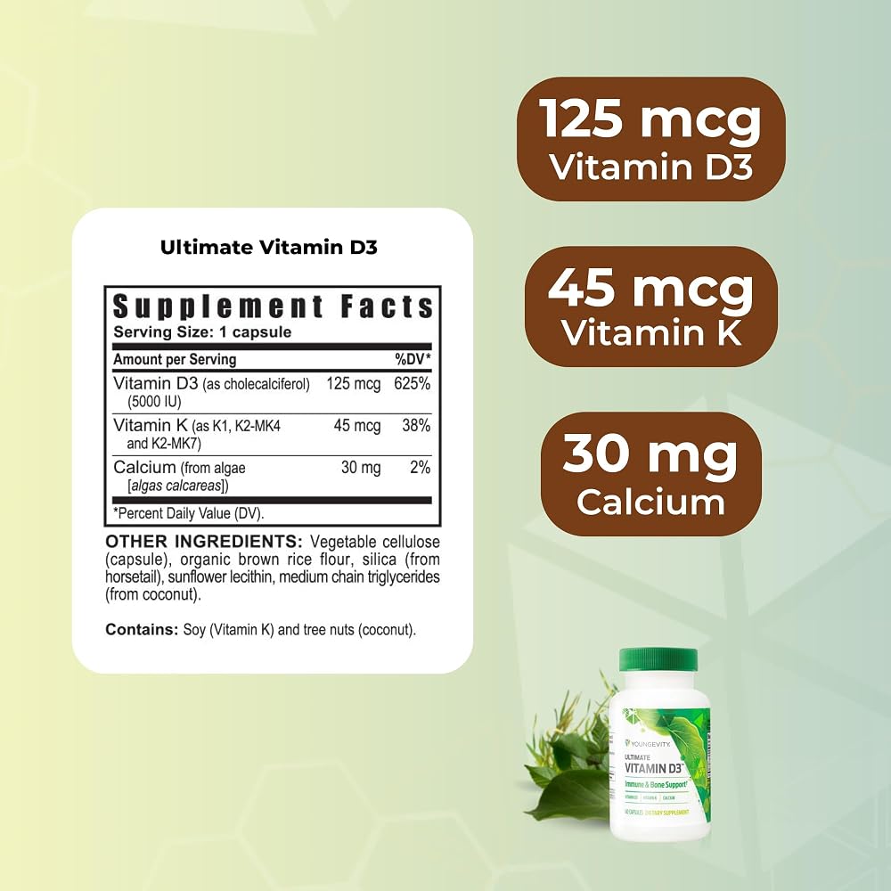 Youngevity Vitamin D3 5000 IU with K2 and Calcium - 60 Capsules - image 3