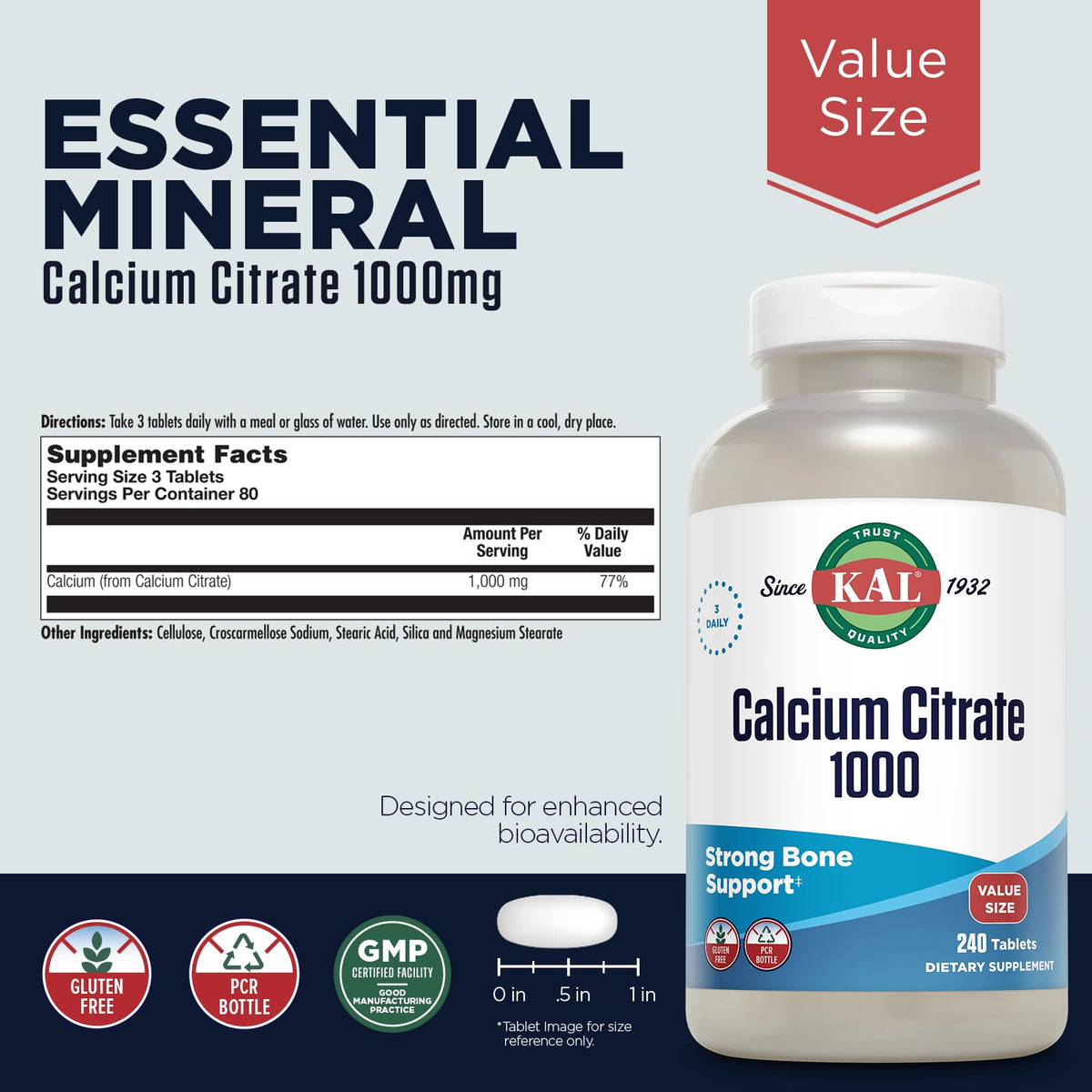 KAL Calcium Citrate 1000 mg - 240 Tablets - image 2
