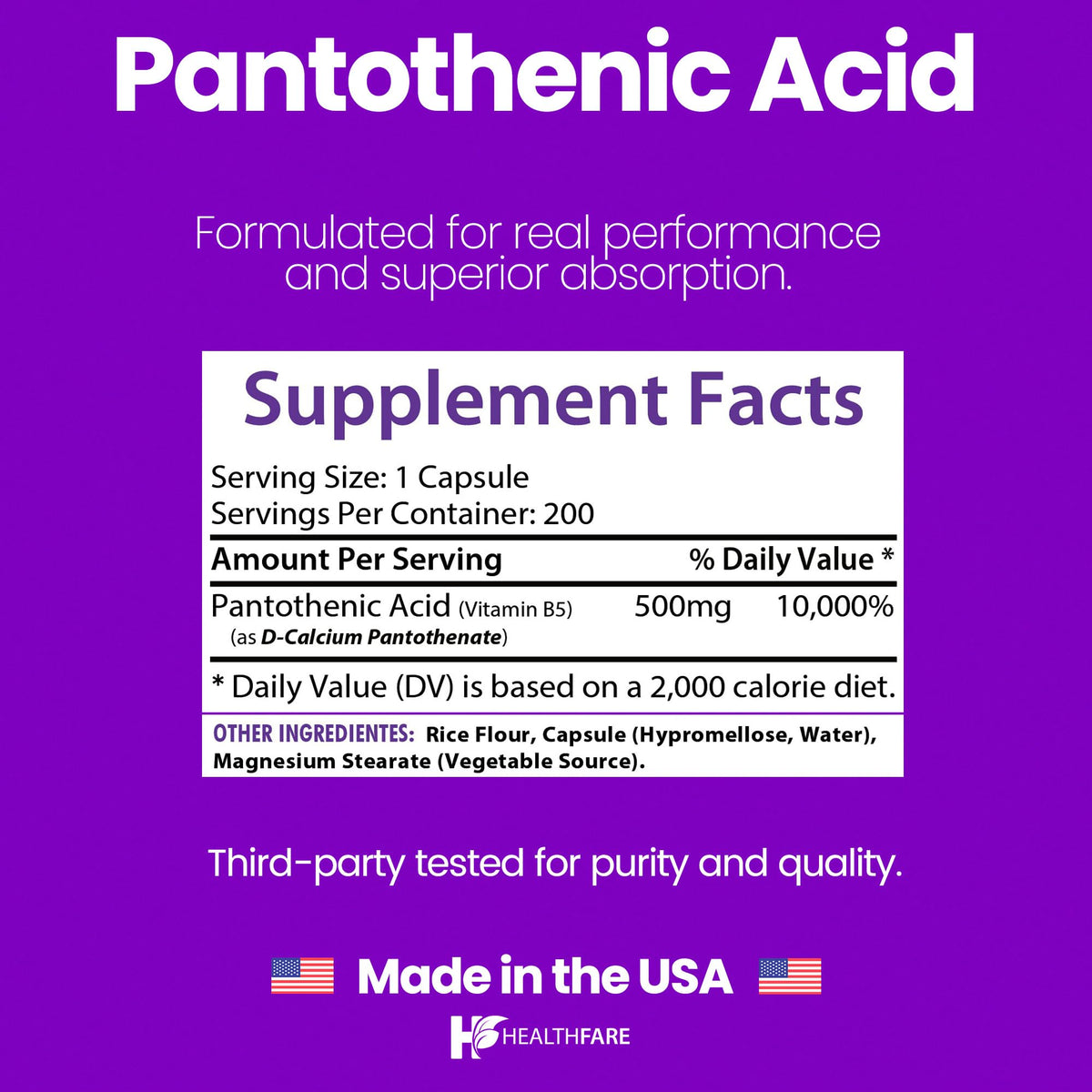 Healthfare Pantothenic Acid 500mg Vitamin B5 - 200 Capsules - image 3