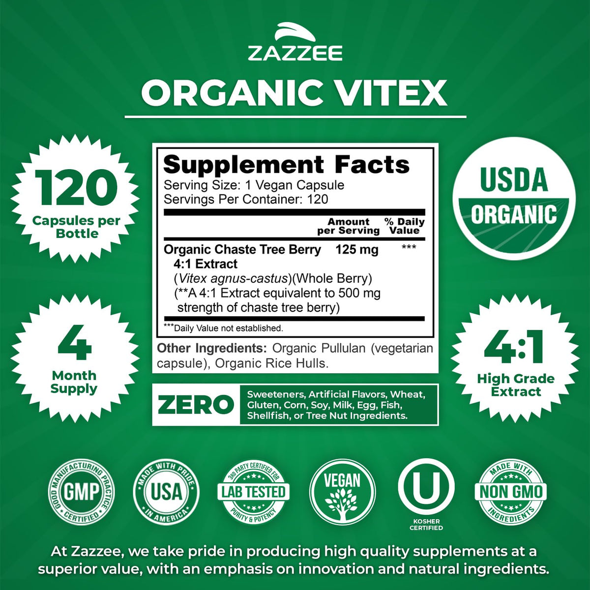 Zazzee USDA Organic Vitex Chasteberry - 120 Vegan Capsules - image 3