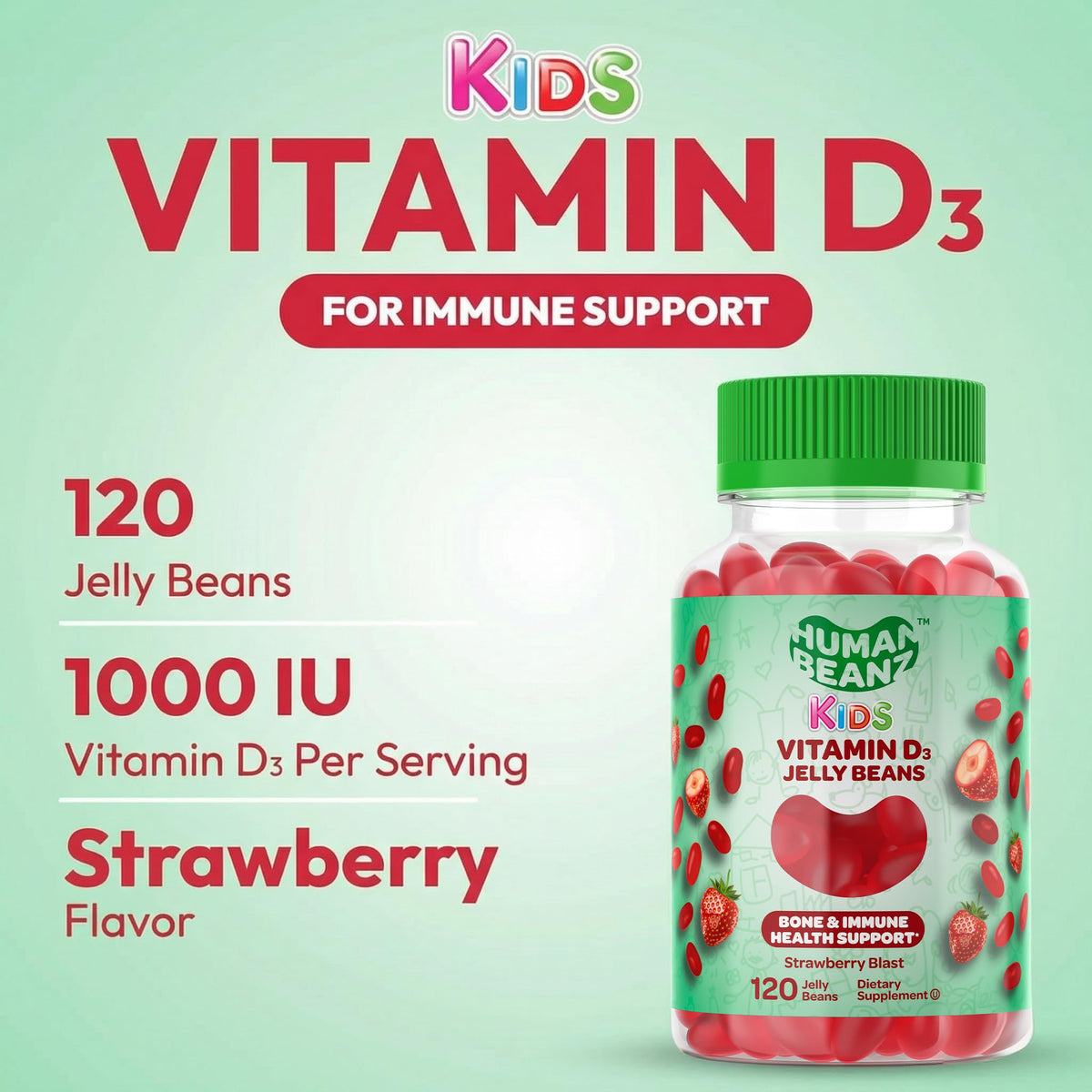 Human Beanz Vitamin D3 Jelly Bean Gummies 1000 IU Kids - 120 Gummies - image 2