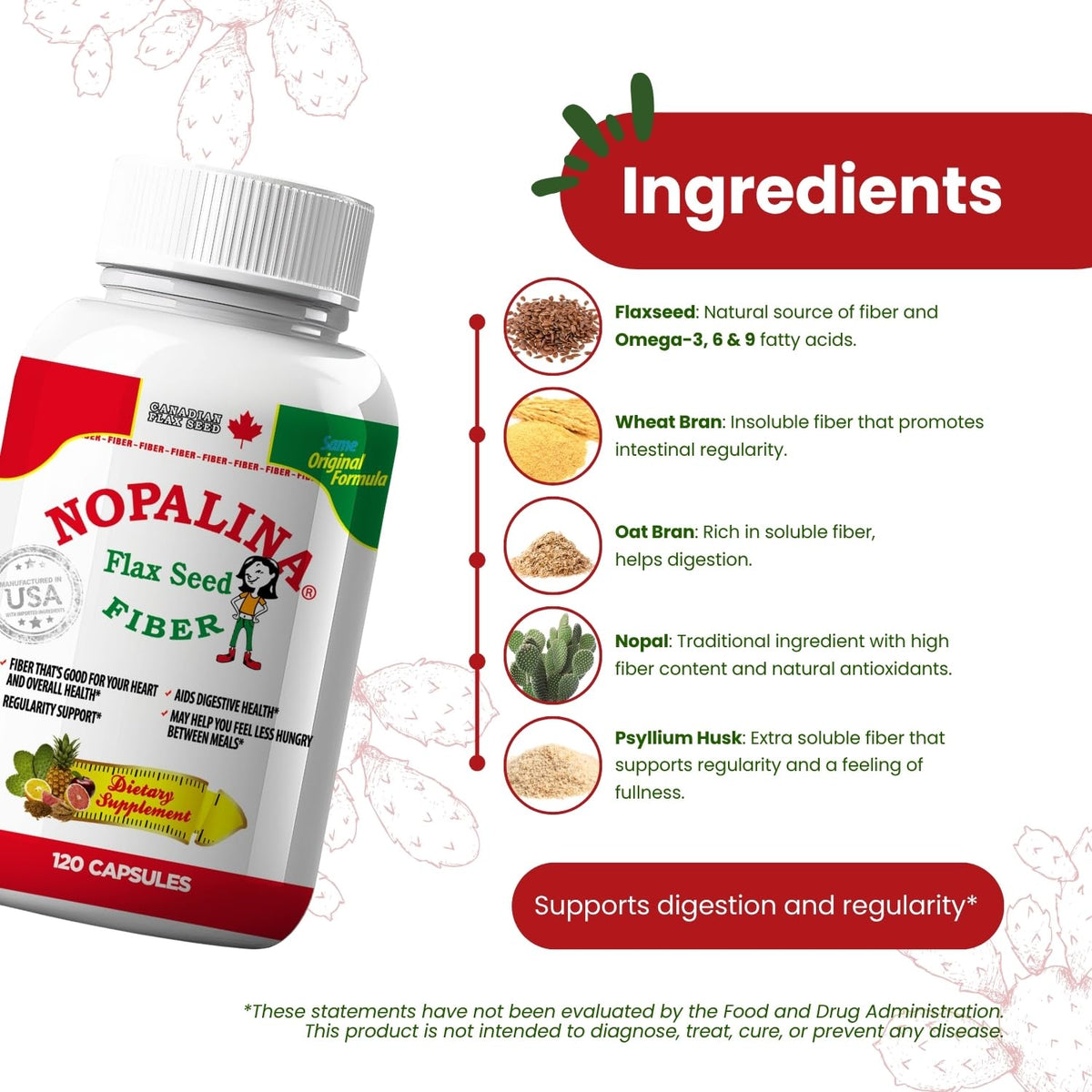 Nopalina Fiber Formula Digestive Health - 120 Capsules - image 2