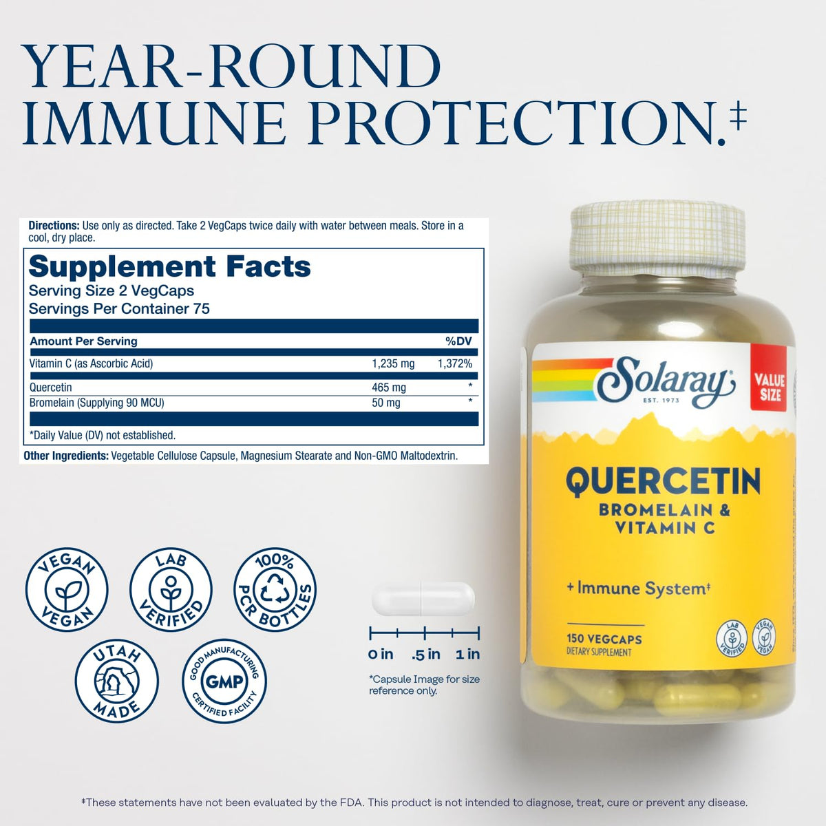 SOLARAY Quercetin Bromelain & Vitamin C Immune Support - 150 Vegetarian Capsules - image 2