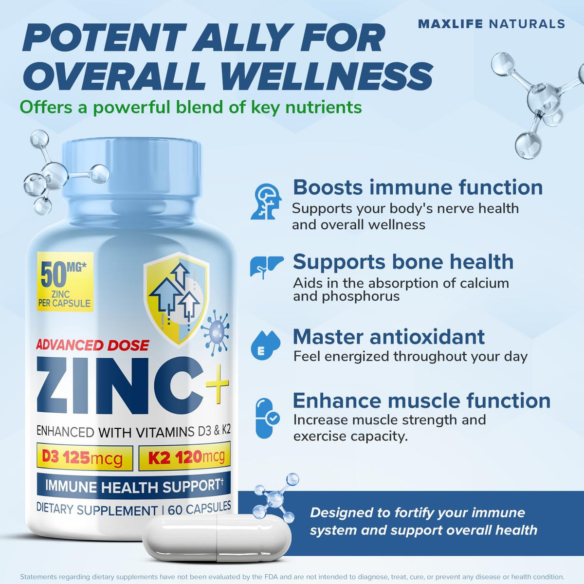 MaxLife Naturals Zinc Picolinate 50mg with D3 and K2 - 60 Capsules - image 2