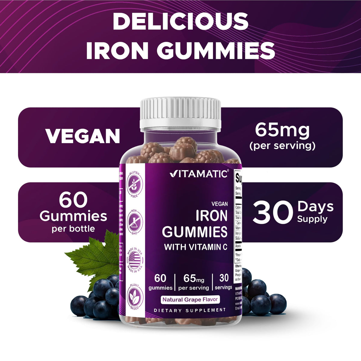 Vitamatic Iron 65 mg Gummies Supplement for Women & Men - 60 Vegan