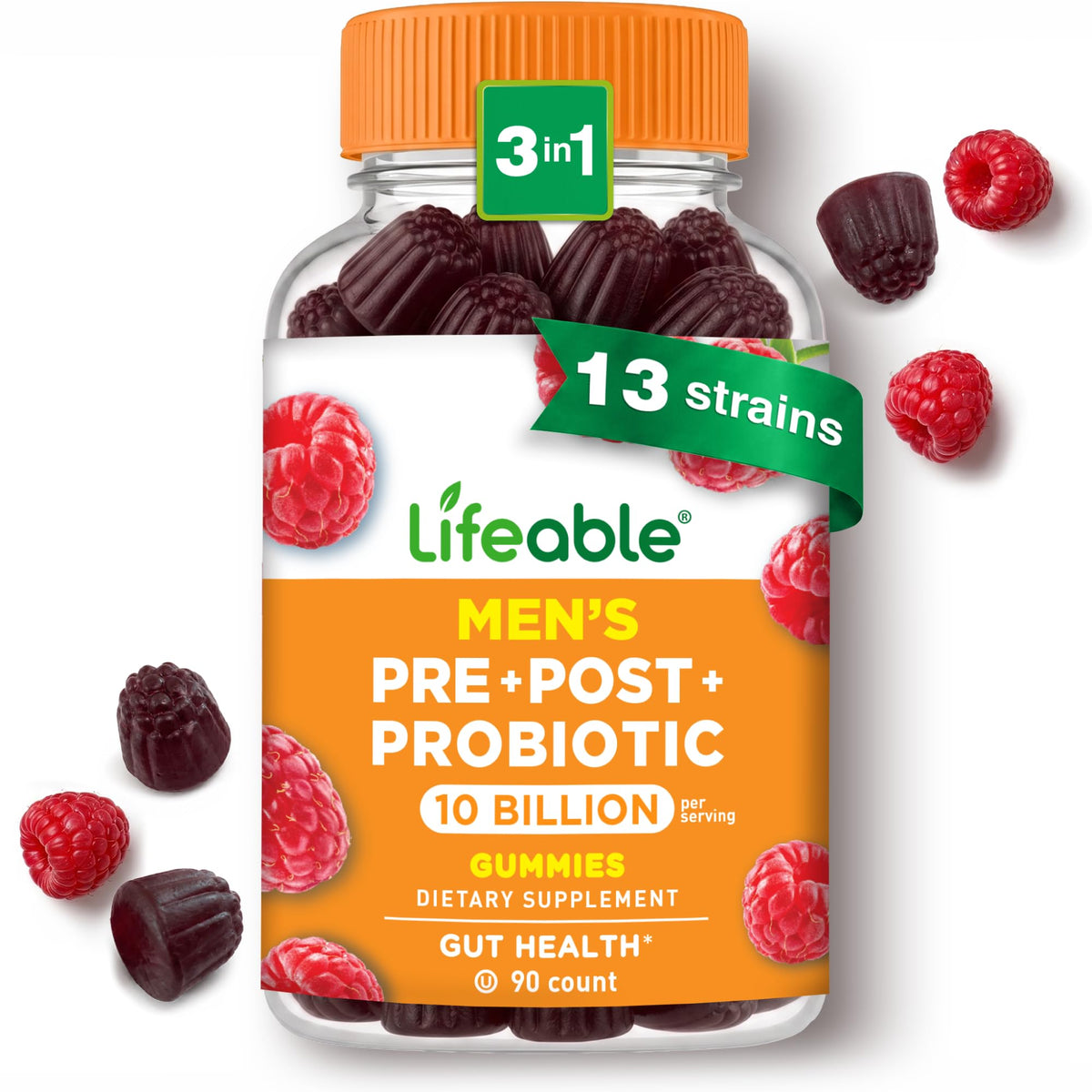 Lifeable Pre Post Probiotic Gummies for Men 10 Billion - 90 Count