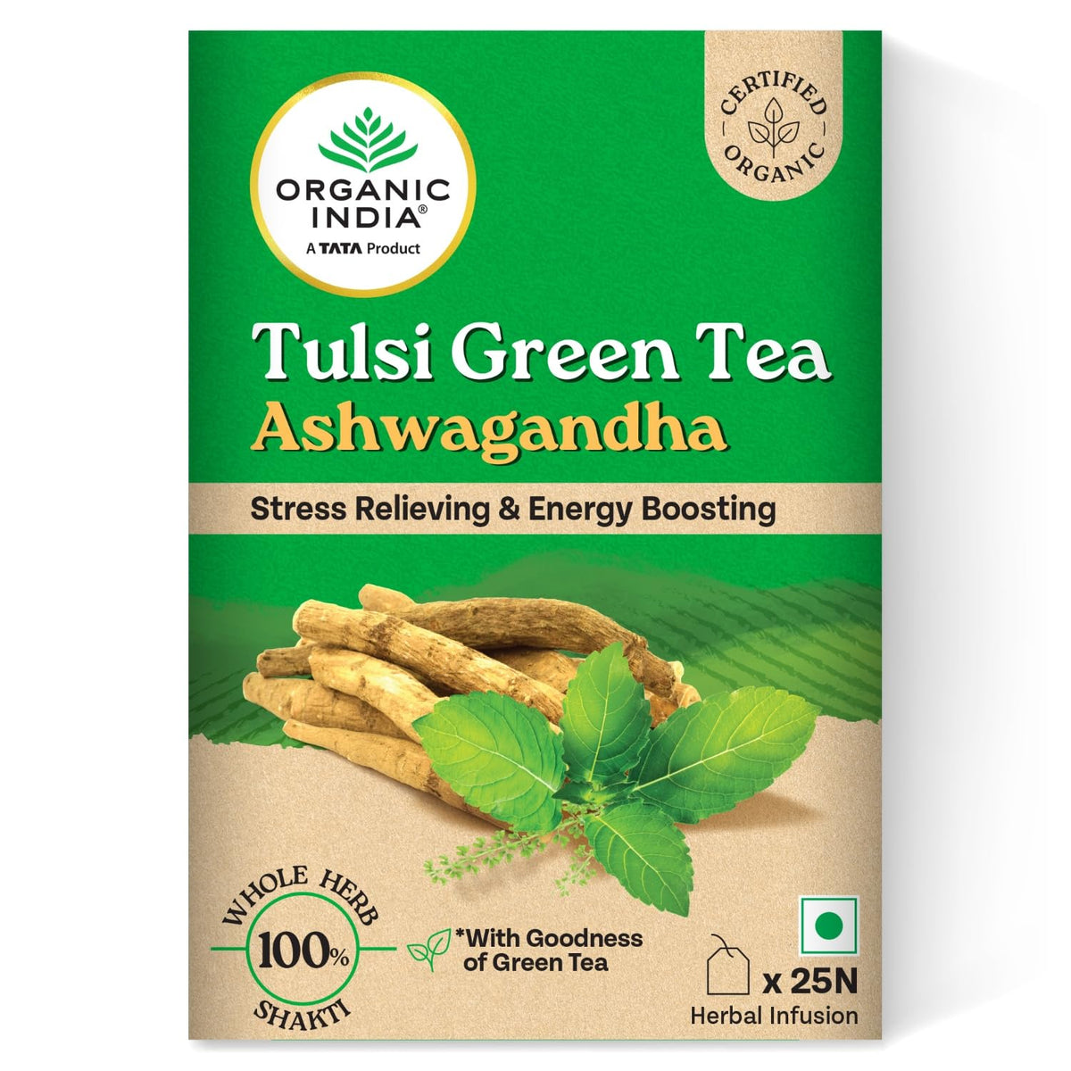 Organic India Tulsi Green Tea with Ashwagandha - 25 Tea Bags