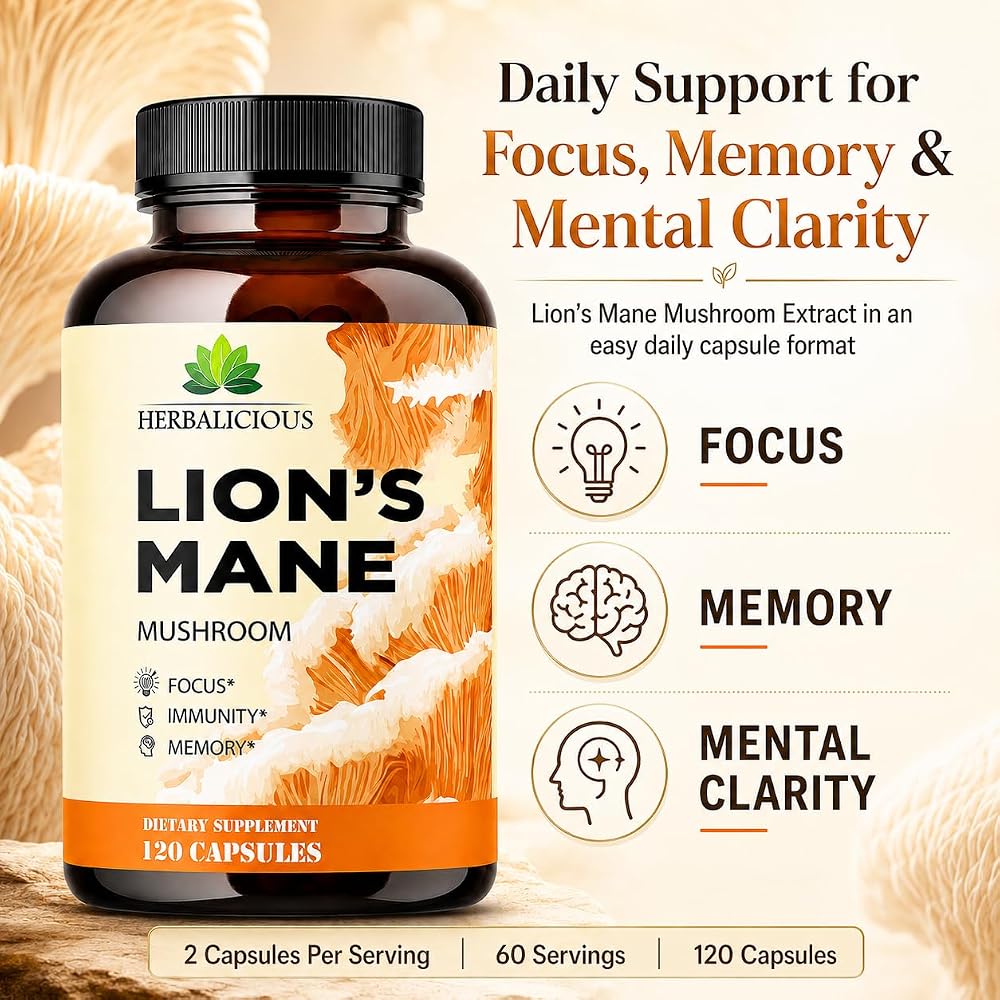 HERBALICIOUS Lion's Mane Supplement Capsules for Memory & Focus - 120 Capsules - image 2