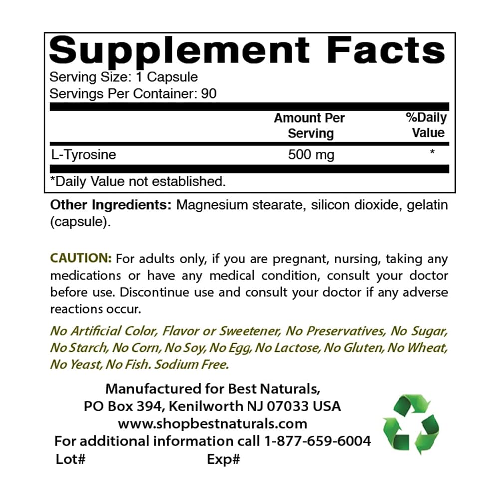 Best Naturals L-Tyrosine 500 mg 90 Capsules - image 3