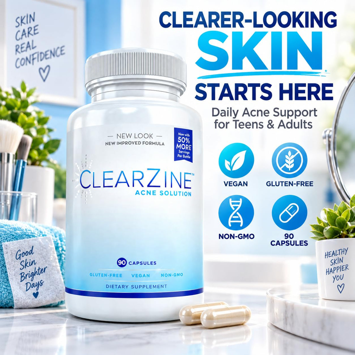 ClearZine Acne Pills for Teens & Adults Skin Health - 90 Capsules - image 3